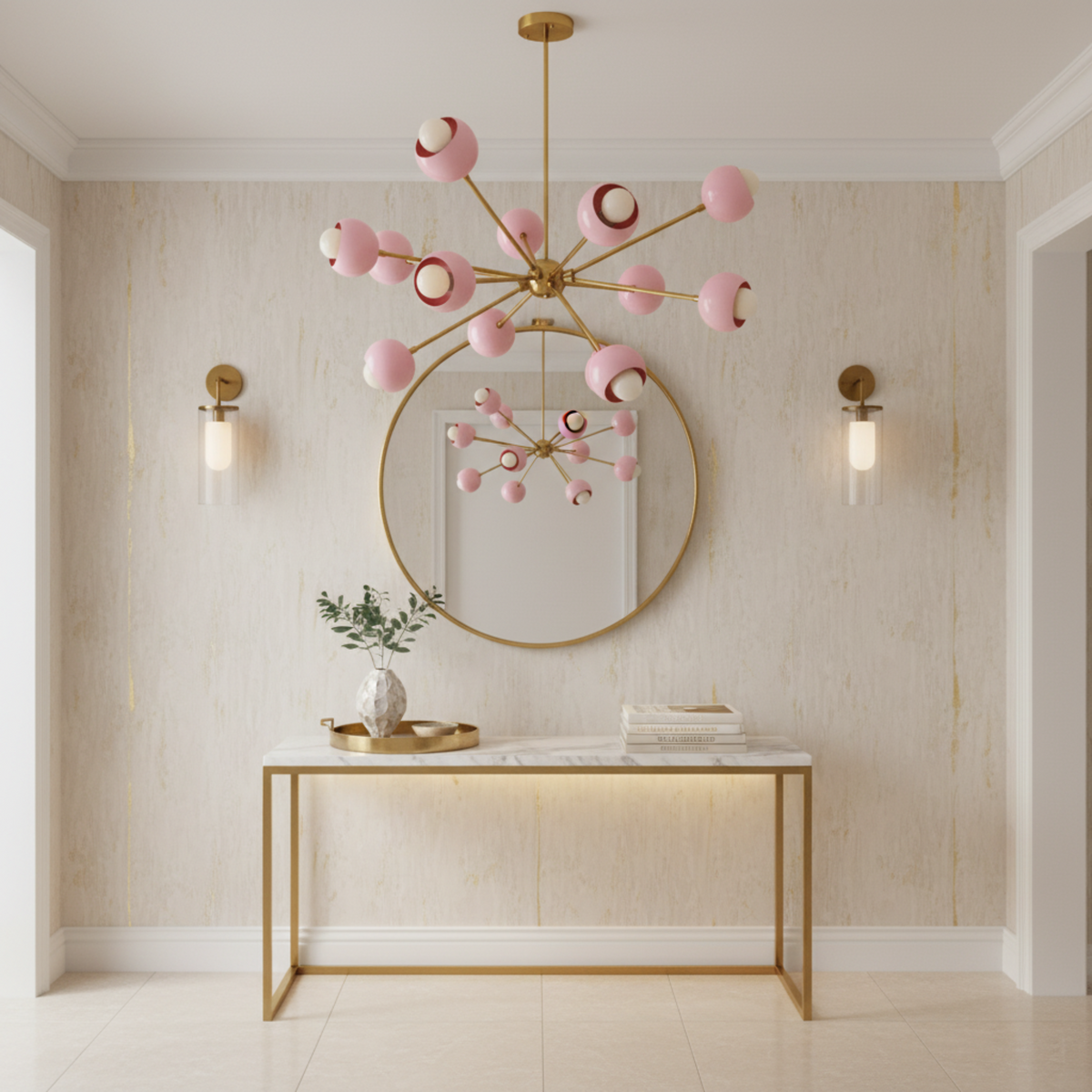 Rhodes 12 light Sputnik chandelier highlighting the polished brass center, radiating arms and soft pink globe shades.