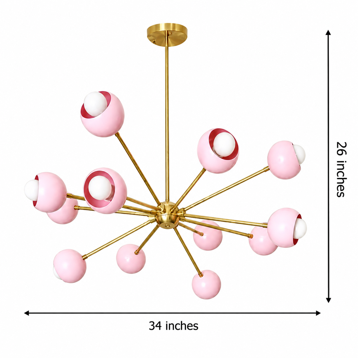 Size guide for Rhodes Pink Globe Sputnik Chandelier – 12 Light – 34 Inch – Model 62086