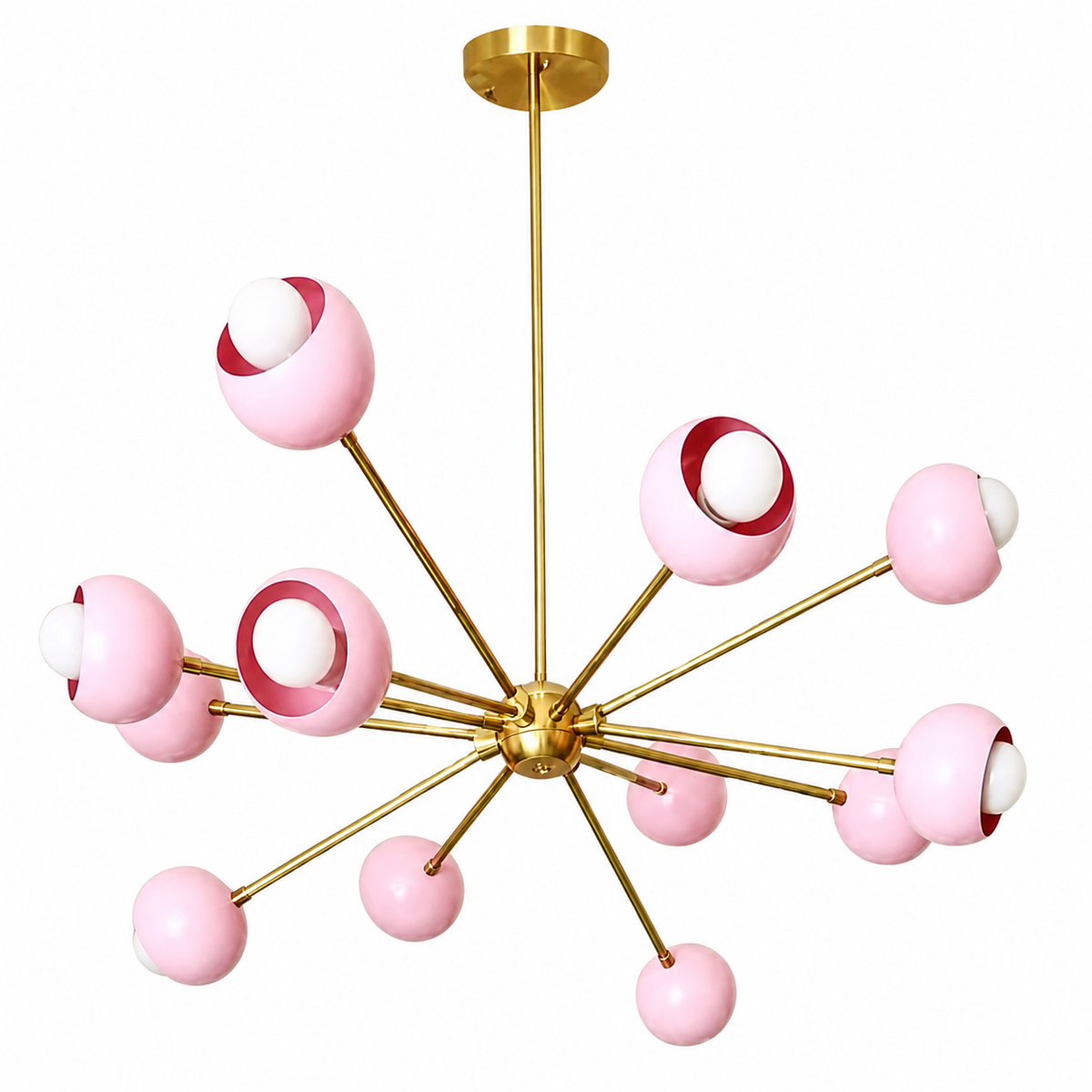 Rhodes 12 light pink globe Sputnik chandelier featuring a starburst arrangement of pink shades and brass arms.