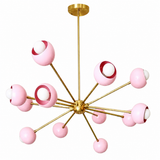 Rhodes 12 light pink globe Sputnik chandelier featuring a starburst arrangement of pink shades and brass arms.
