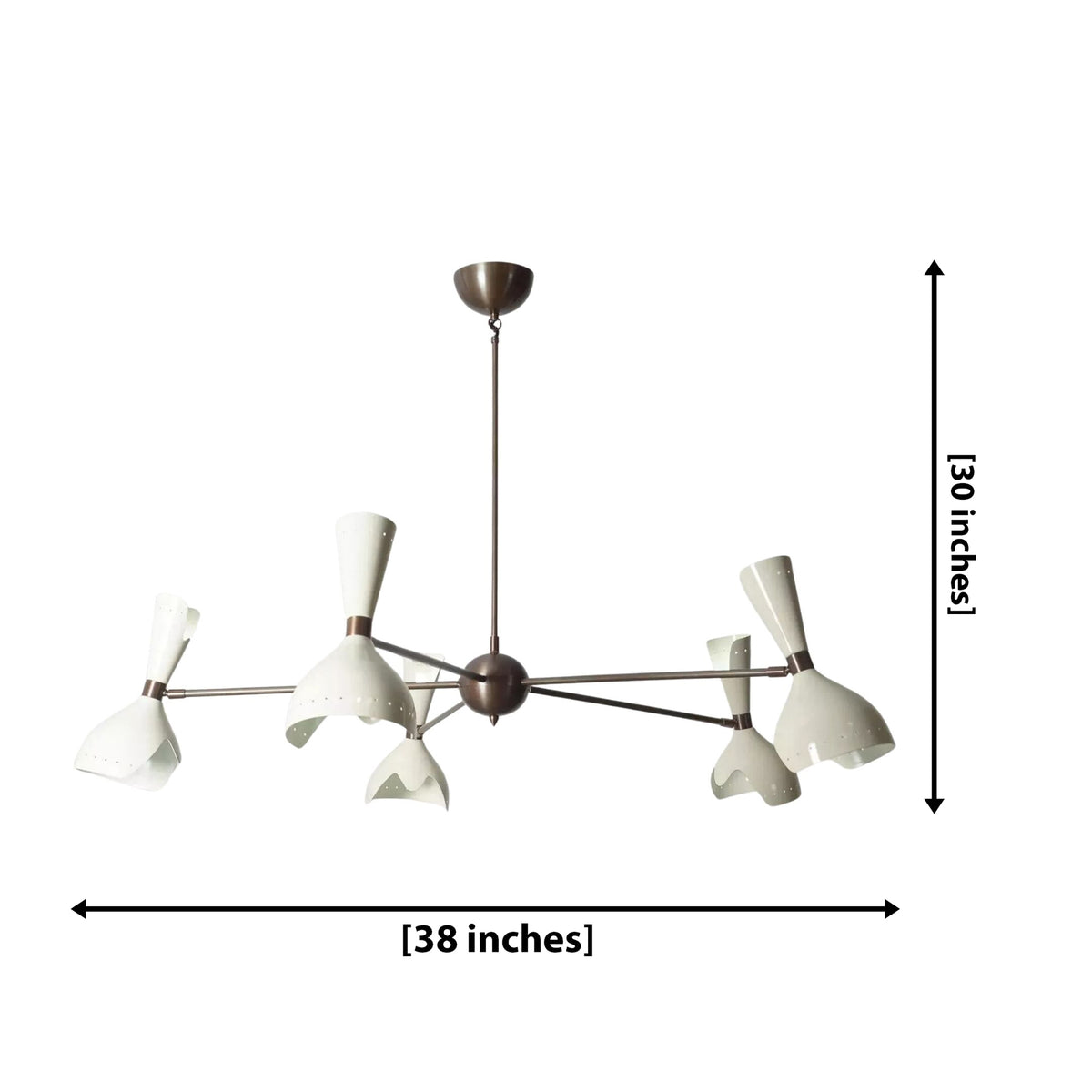 Rhodes 10 light sculptural chandelier dimension view showing 38 inch width and 30 inch overall height.