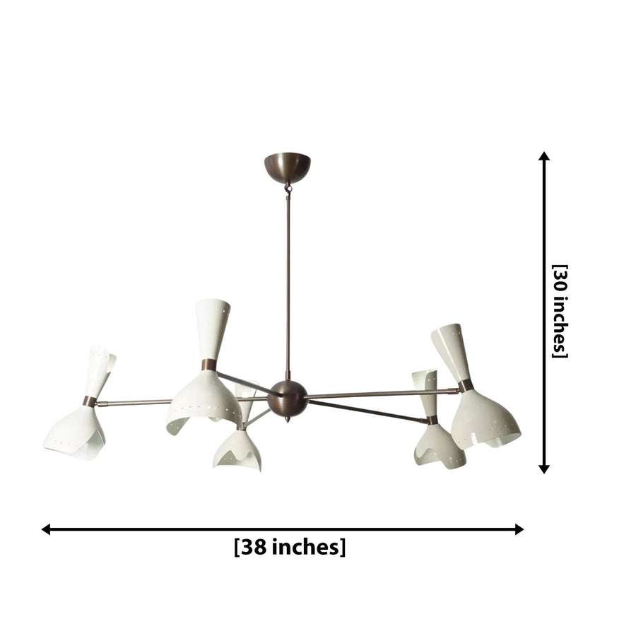 Rhodes 10 light ivory sculptural multi-arm chandelier displayed in a modern home office with warm ambient lighting.