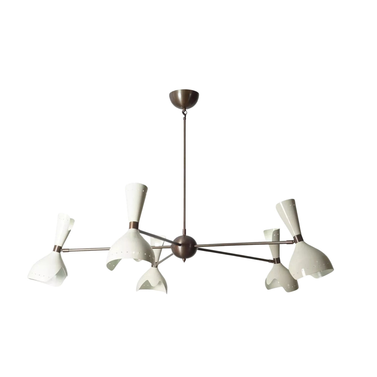 Rhodes 10 light ivory multi-arm chandelier shown from the front with sculptural flared metal shades and dark bronze frame.