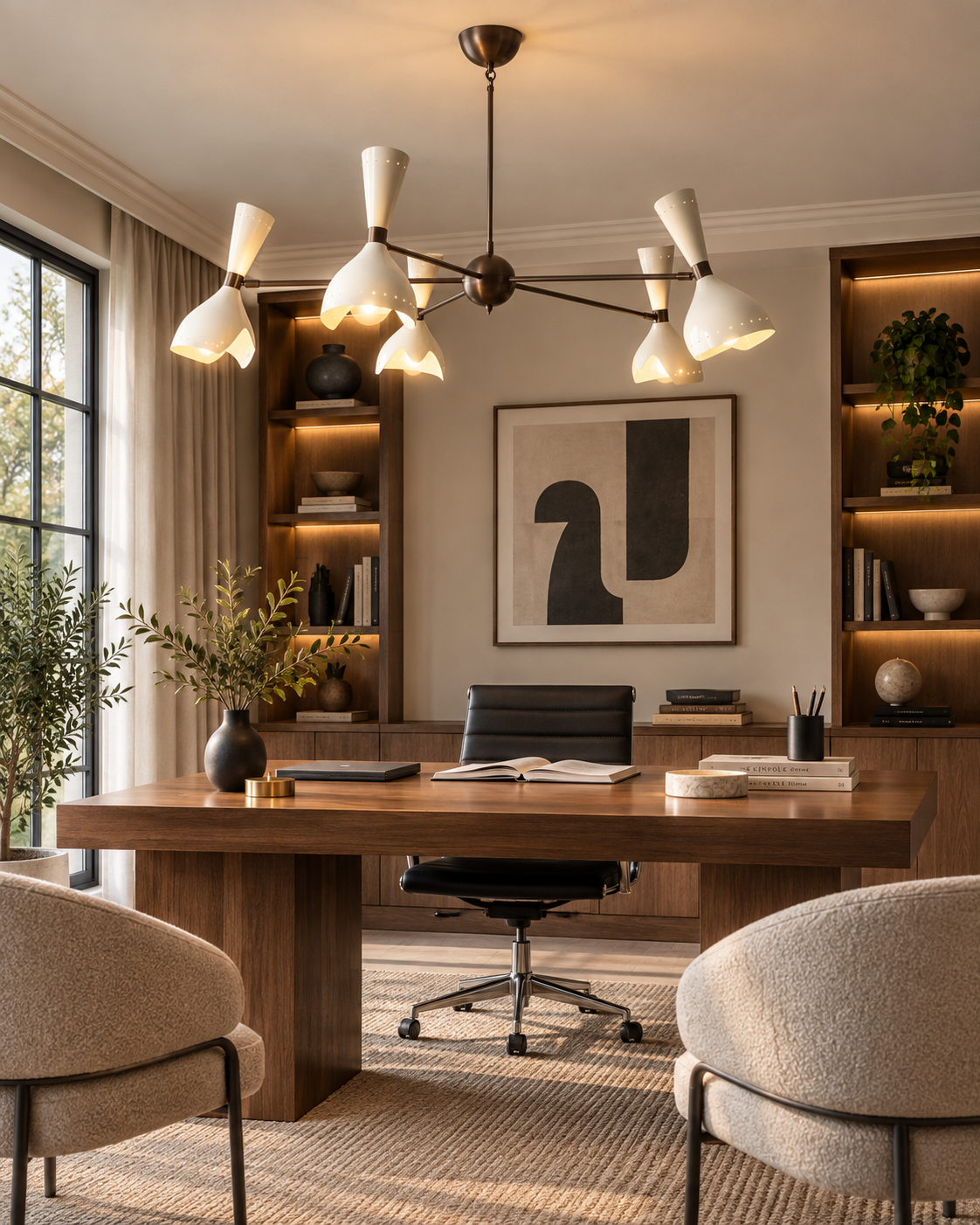 Rhodes 10 light ivory sculptural multi-arm chandelier displayed in a modern home office with warm ambient lighting.