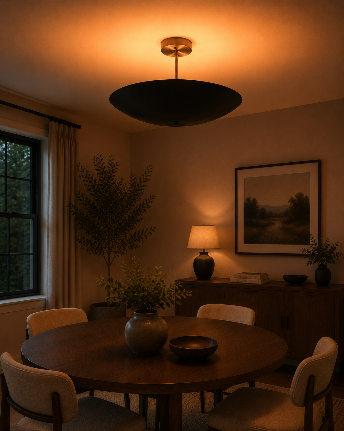 Rome Disc semi-flush ceiling light installed above a dining table, adding warm Mid-Century Modern ambiance.