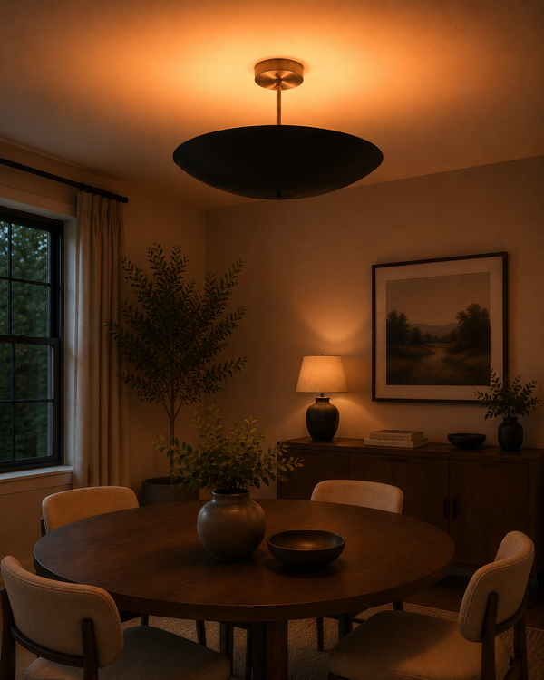 Rome Disc semi-flush ceiling light installed above a dining table, adding warm Mid-Century Modern ambiance.