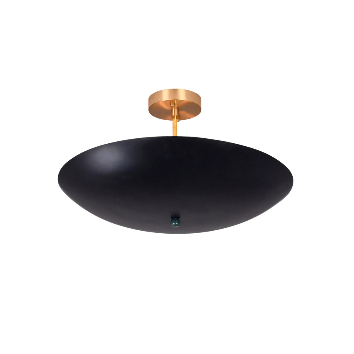Rome Disc semi-flush ceiling light featuring a shallow black disc shade with a slim ceiling stem.