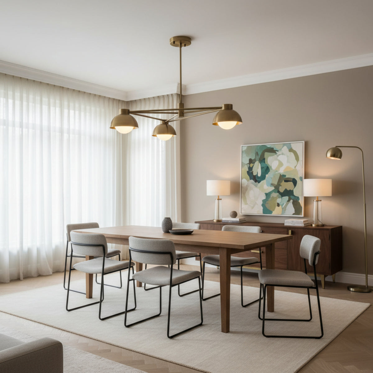 Rome 3 light brass dome arm chandelier shown from an angled view with illuminated globe bulbs and geometric arms.