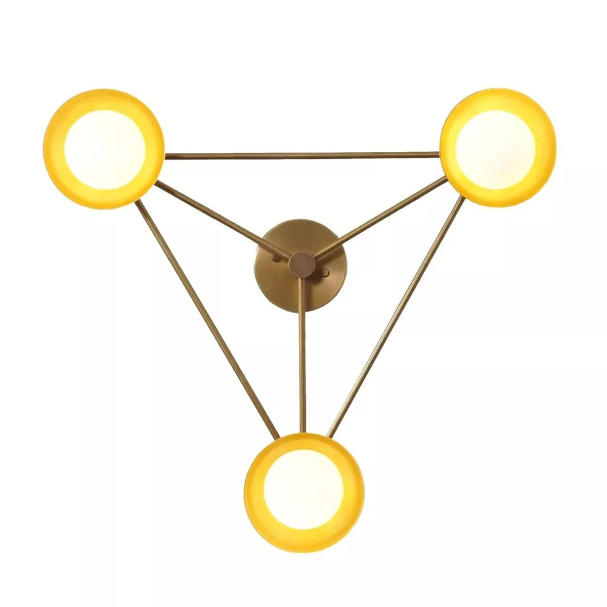 Rome 3 light brass dome arm chandelier shown from the bottom with illuminated globe bulbs and geometric frame.