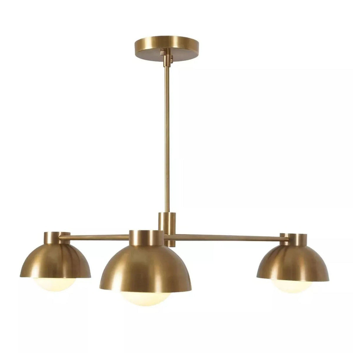 Rome 3 light brass dome arm chandelier shown from the front with illuminated globe bulbs and fixed downrod.