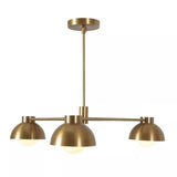 Rome 3 light brass dome arm chandelier shown from the front with illuminated globe bulbs and fixed downrod.