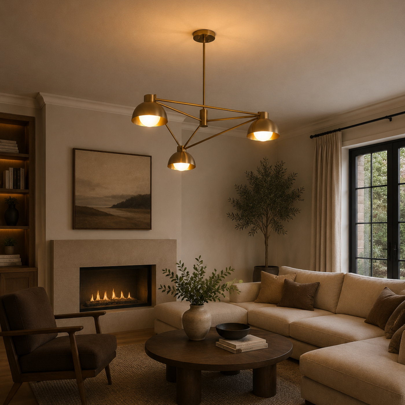 Rome 3 light brass dome arm chandelier installed in a warm modern living room with illuminated globe bulbs.
