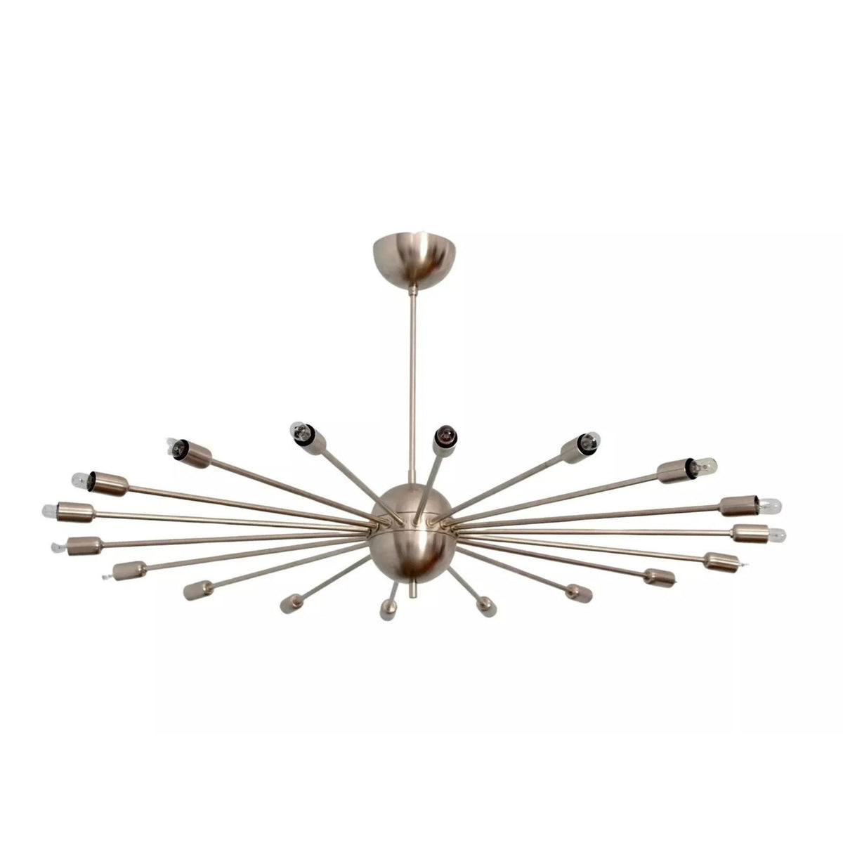 Rome 18 light Mid-Century Modern chandelier shown from an alternate angle highlighting its polished metal starburst construction.