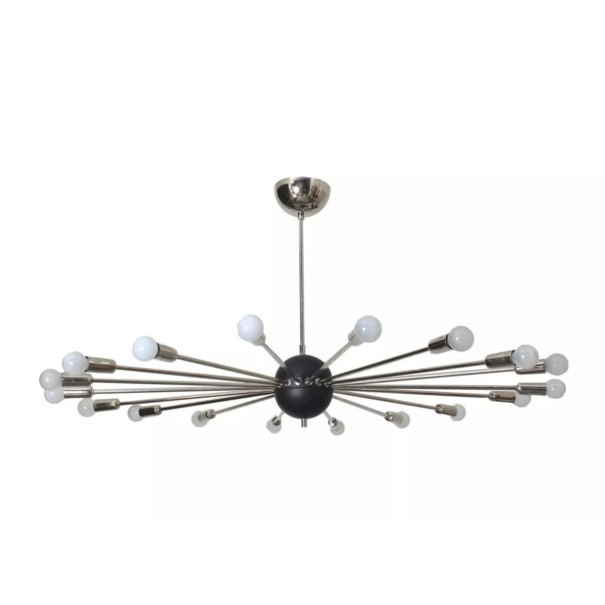 Rome 18 light starburst chandelier shown from the front with polished silver-tone arms, black spherical hub, and globe bulbs.