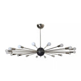 Rome 18 light starburst chandelier shown from the front with polished silver-tone arms, black spherical hub, and globe bulbs.
