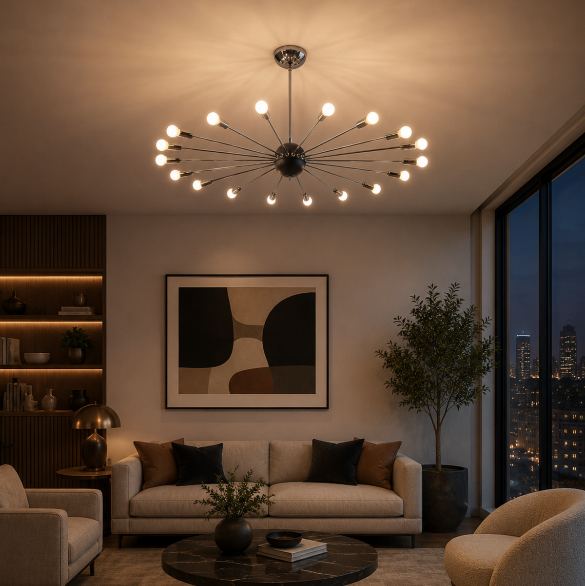 Rome 18 light starburst Sputnik chandelier illuminated in a contemporary living room with warm ambient lighting.