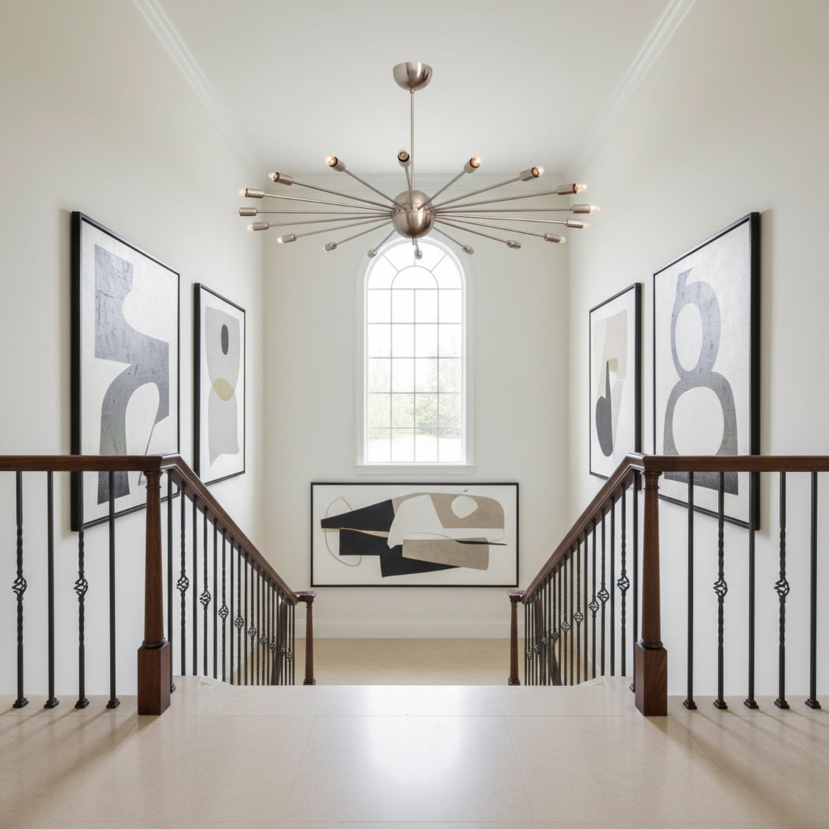 Rome 18 light sculptural Sputnik chandelier shown from the front with a silver-tone spherical hub and elongated radial arms.