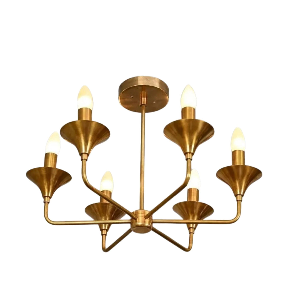 Angled view of Rouen 6 light brass chandelier featuring graceful curved arms and upward-facing candle bulbs.