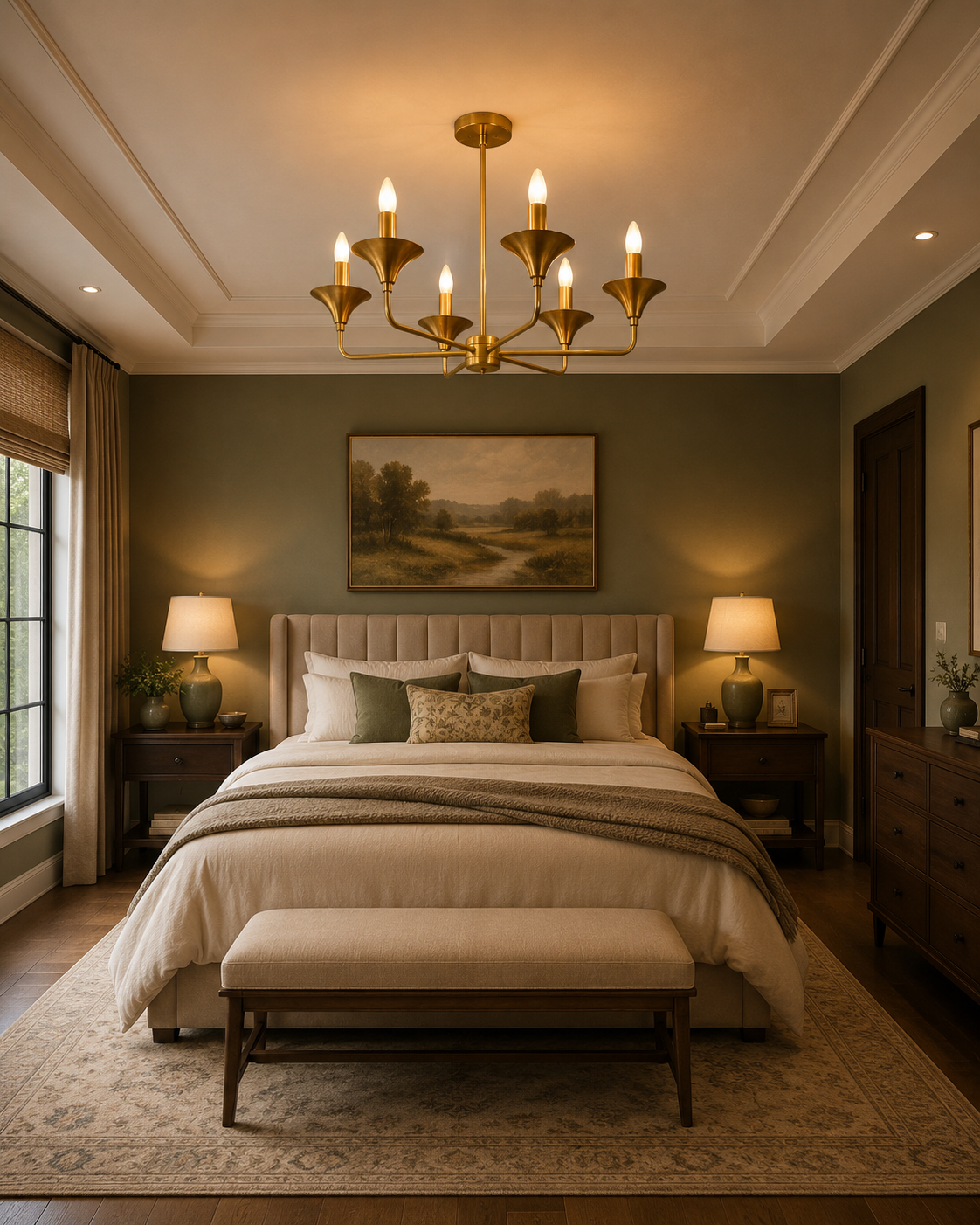 Rouen 6 light brass chandelier displayed above a sophisticated bedroom with warm neutral furnishings and classic modern decor.