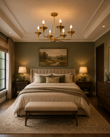 Rouen 6 light brass chandelier displayed above a sophisticated bedroom with warm neutral furnishings and classic modern decor.