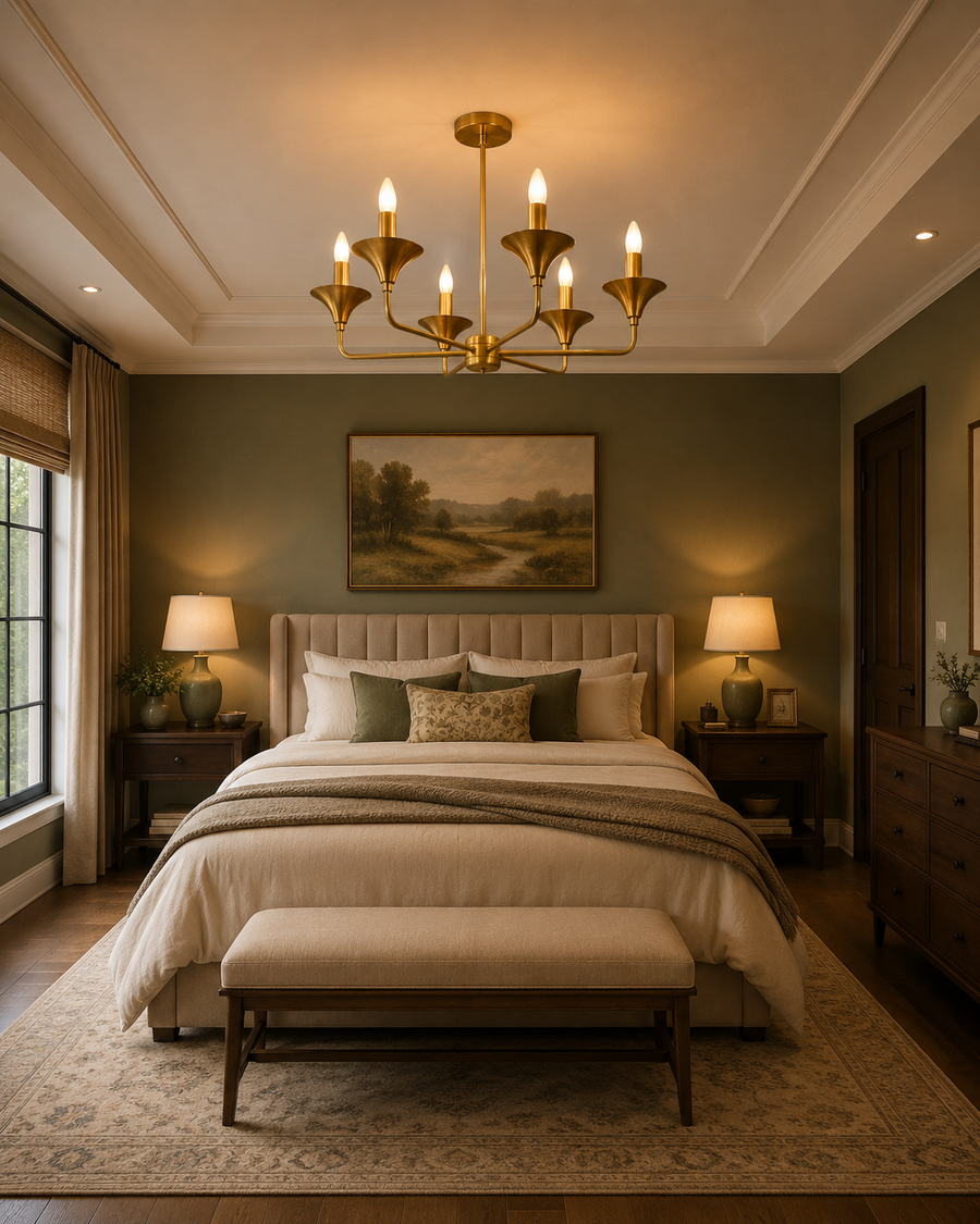 Rouen 6 light brass chandelier displayed above a sophisticated bedroom with warm neutral furnishings and classic modern decor.