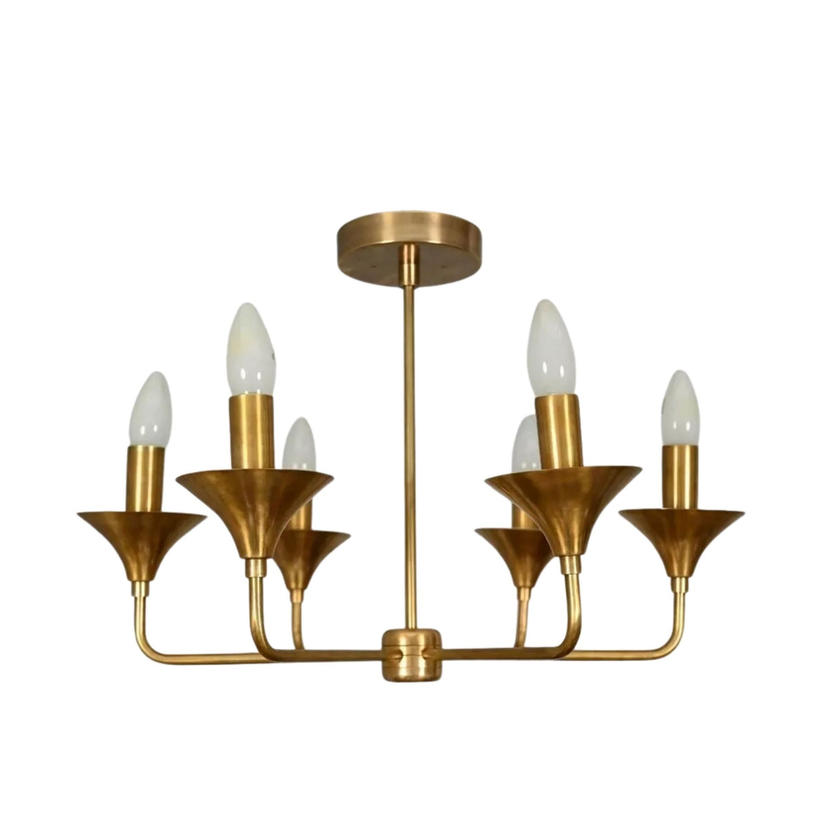 Rouen 6 light brass chandelier front view with curved arms, flared trumpet details and candle-style bulbs.
