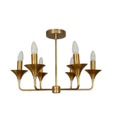Rouen 6 light brass chandelier front view with curved arms, flared trumpet details and candle-style bulbs.