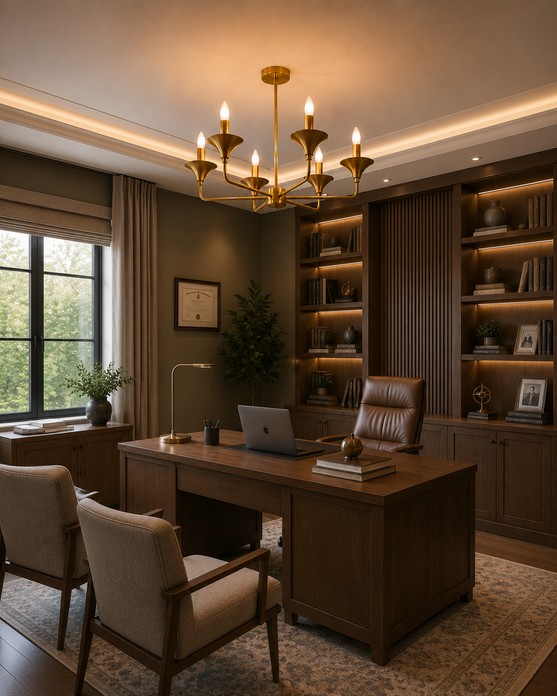 Rouen 6 light brass chandelier illuminating a refined home office with warm wood furniture and built-in shelving.