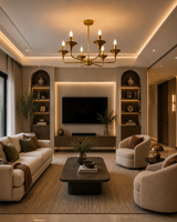 Rouen 6 light brass chandelier illuminating an elegant contemporary living room with neutral seating and warm ambient lighting.