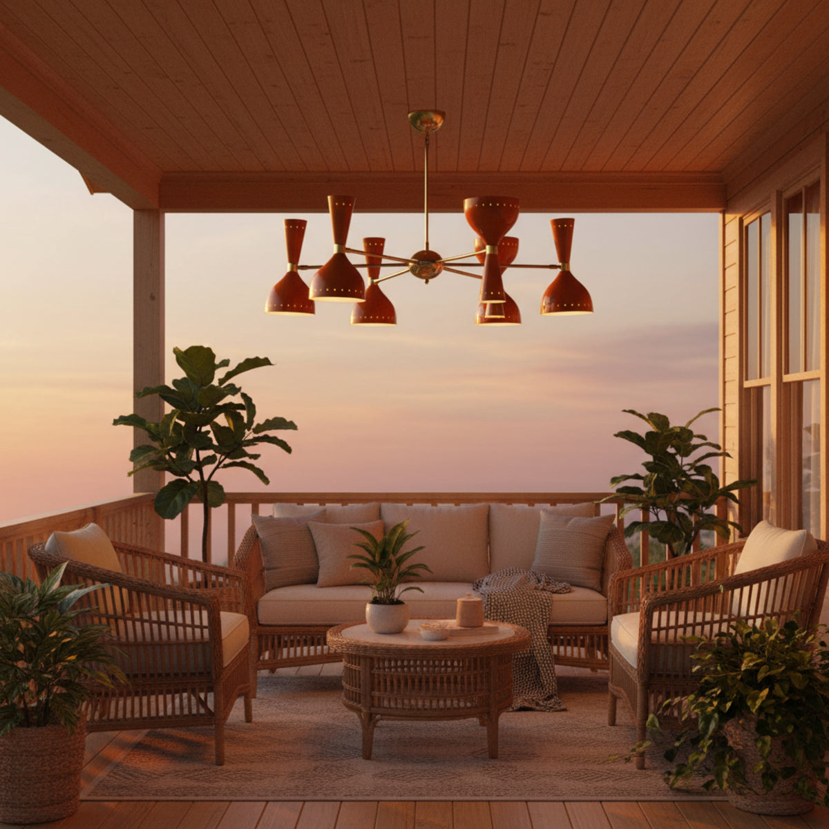 Saint Tropez 12 light orange metal chandelier shown from an alternate view highlighting its radial arms and sculptural hourglass-inspired shades.