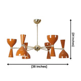 Saint Tropez 12 light orange metal Sputnik chandelier with brass-tone frame shown with 38 inch width and 24 inch height dimensions.