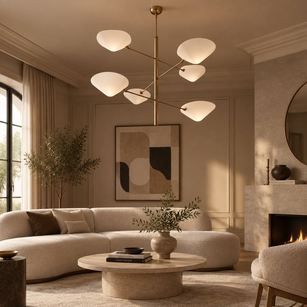 Saint Tropez 6 light sculptural chandelier with organic white leaf-shaped shades and warm brass-tone branching frame.