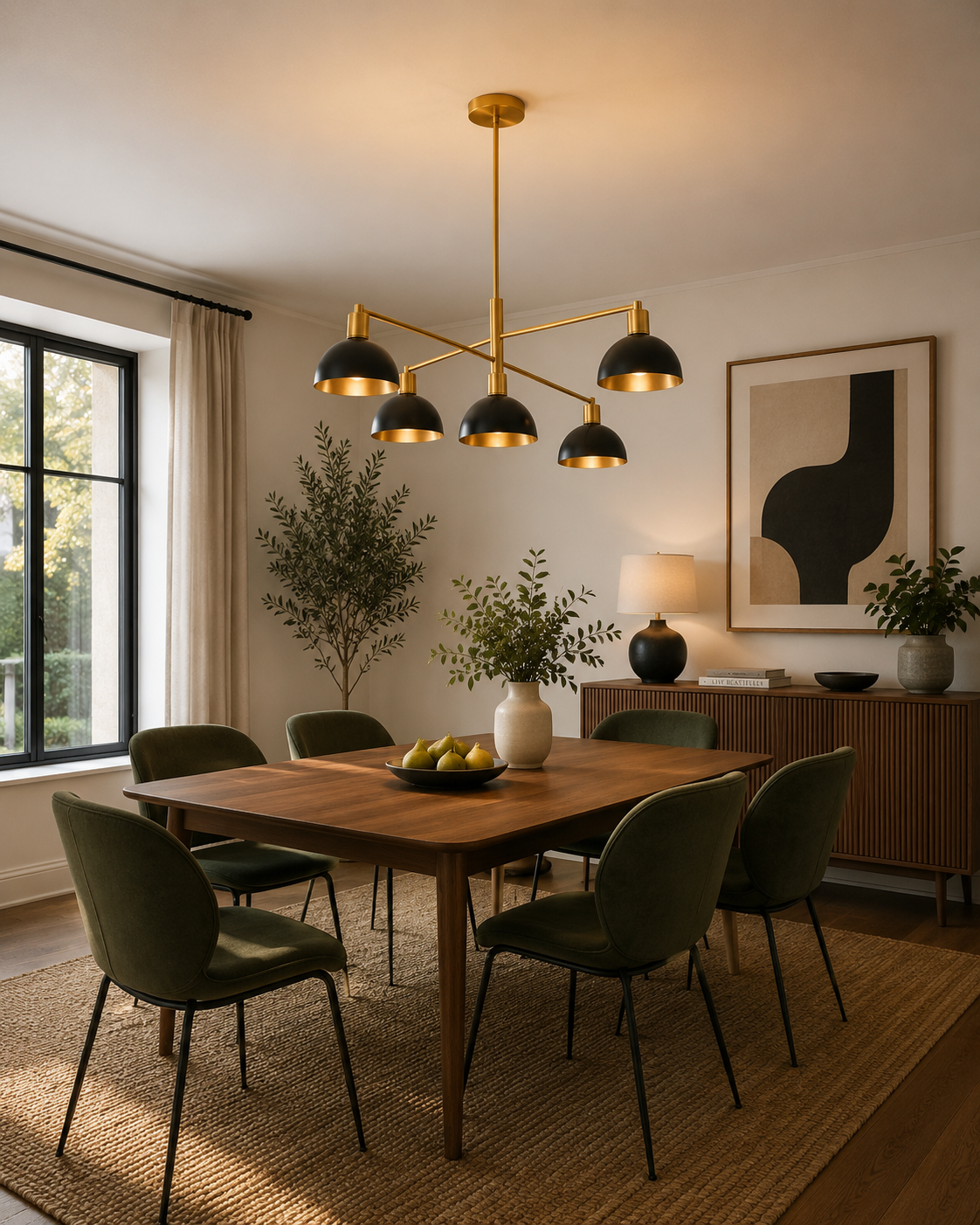 San Sebastian 5 light black and brass-tone dome chandelier displayed above a contemporary dining table.