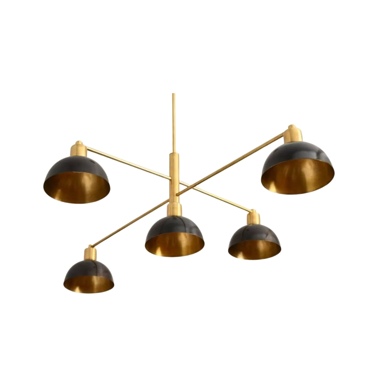 San Sebastian 5 light Mid-Century Modern chandelier shown from the front with black dome shades and brass-tone arms.