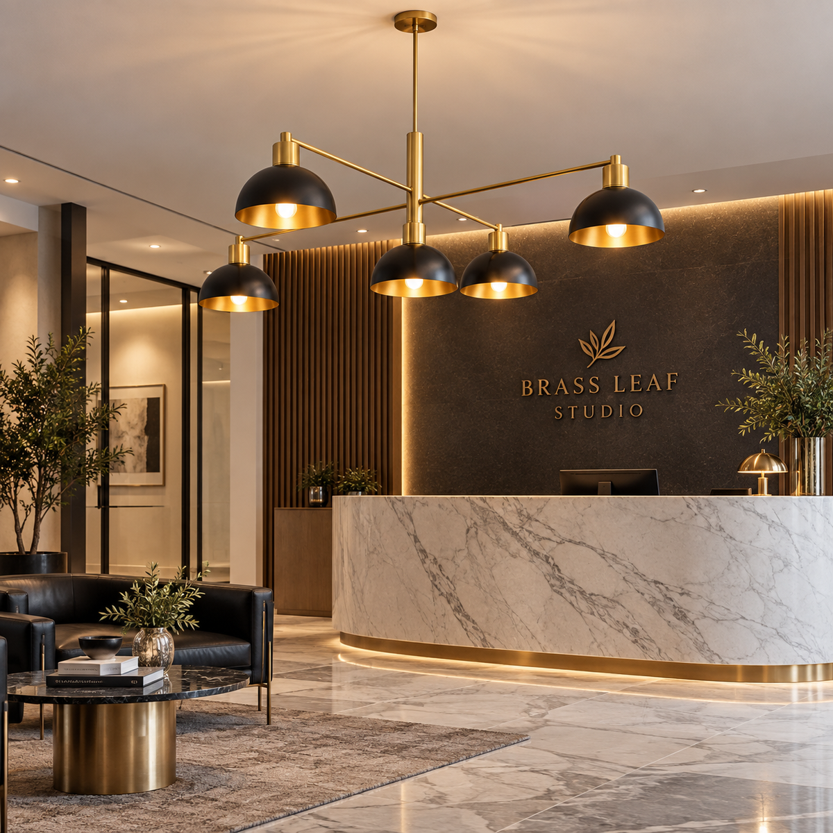 San Sebastian 5 light Mid-Century dome chandelier illuminated in a sophisticated modern reception interior.