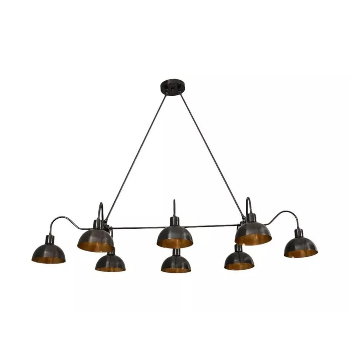 Santander 8 light black linear chandelier shown from the front with sculptural dome shades and warm brass-tone interiors.