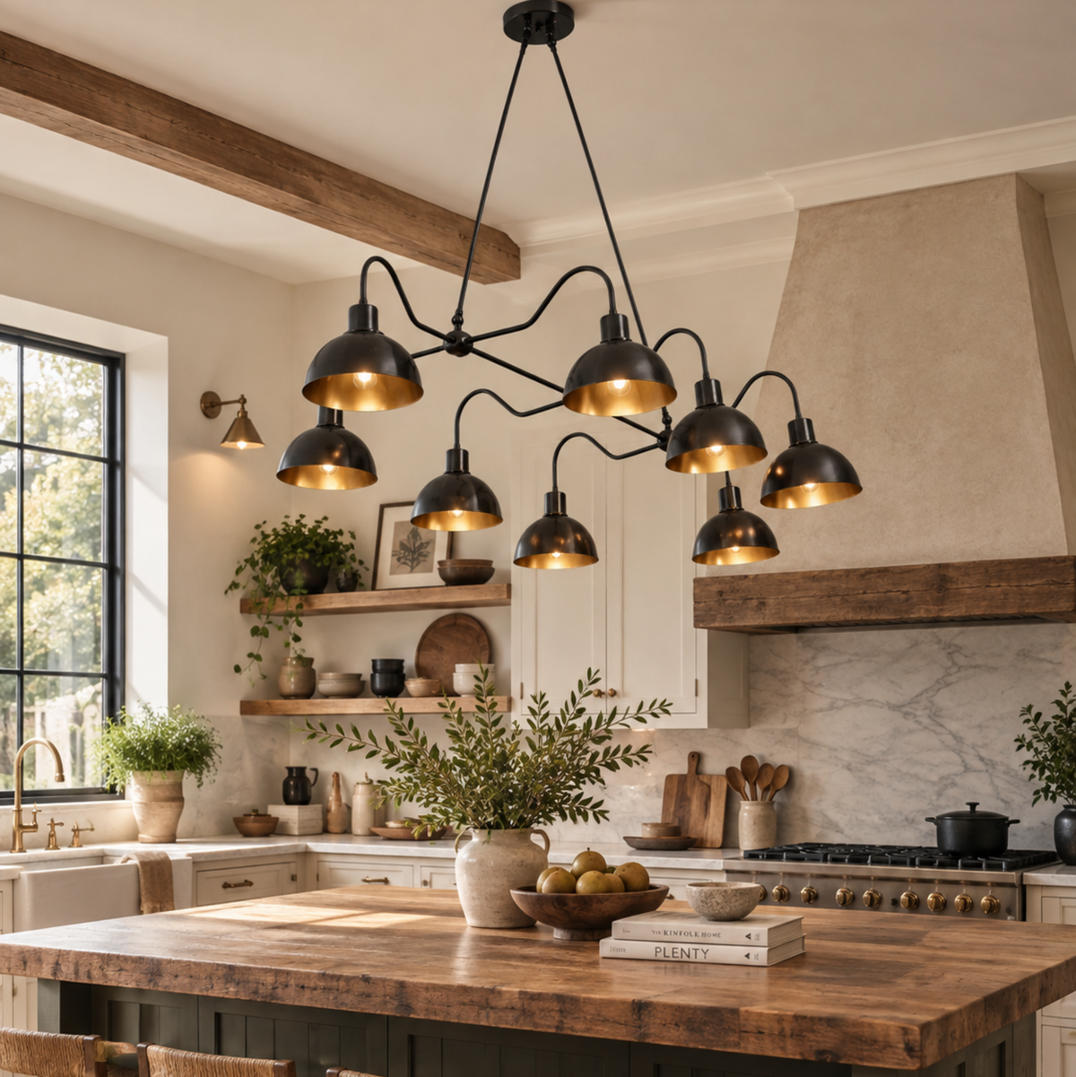 Santander 8 light dome chandelier hanging above a large wood kitchen island in a warm contemporary interior.