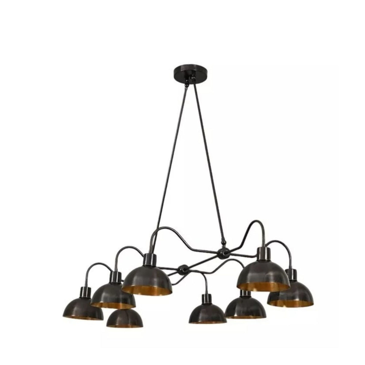 Santander 8 light black chandelier shown from a perspective view highlighting its layered dome shades and sculptural arms.