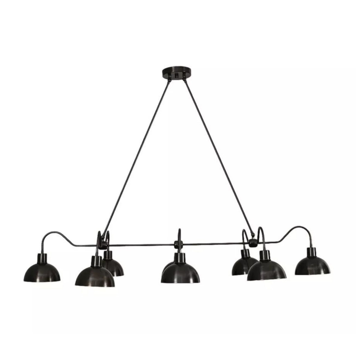 Santander 8 light linear chandelier shown on a white background with black dome shades and dual cable suspension.