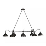 Santander 8 light linear chandelier shown on a white background with black dome shades and dual cable suspension.