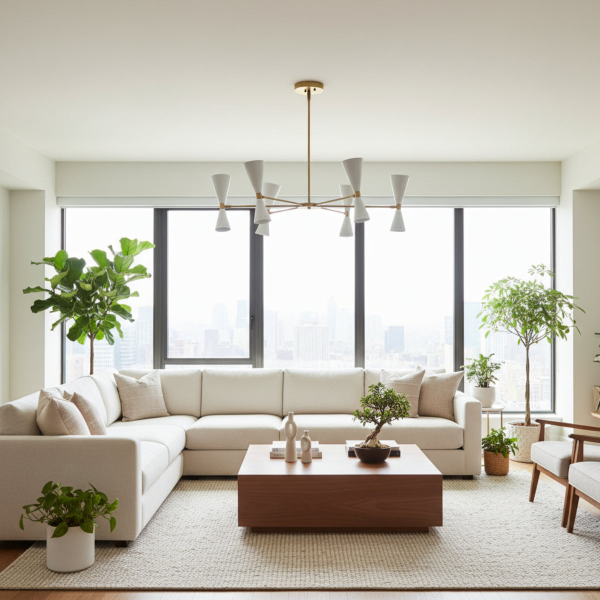 Santander 12 light brass chandelier shown from an angled view with white double-cone shades and geometric arms.