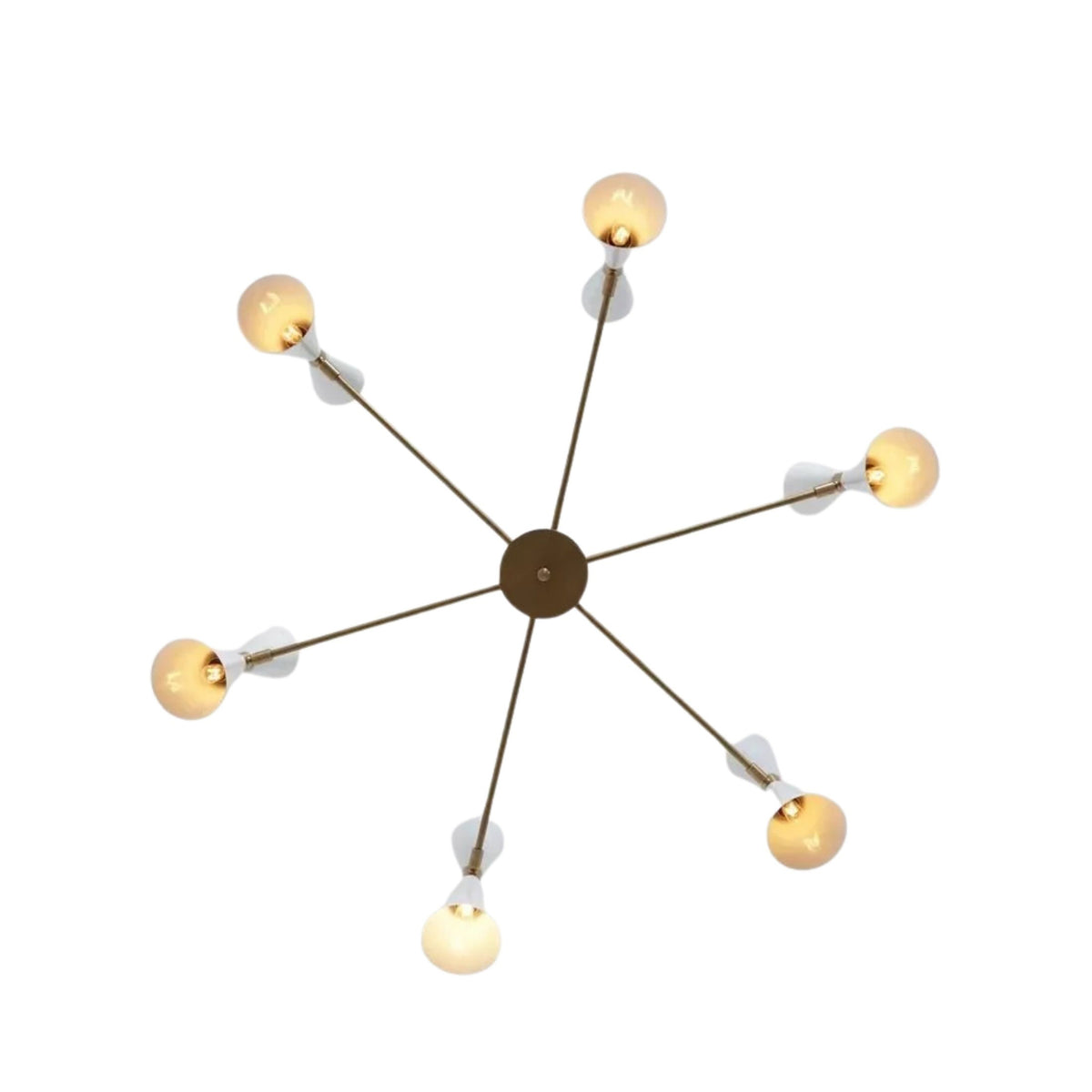 Santander 12 light Sputnik chandelier shown from below highlighting its radial brass arms, white cone shades, and illuminated bulbs.
