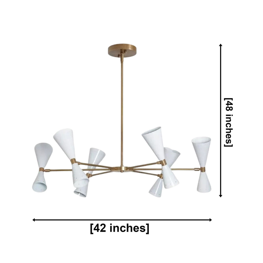 Santander 12 light brass and white cone chandelier illuminated above a modern dining table in an elegant dining room.
