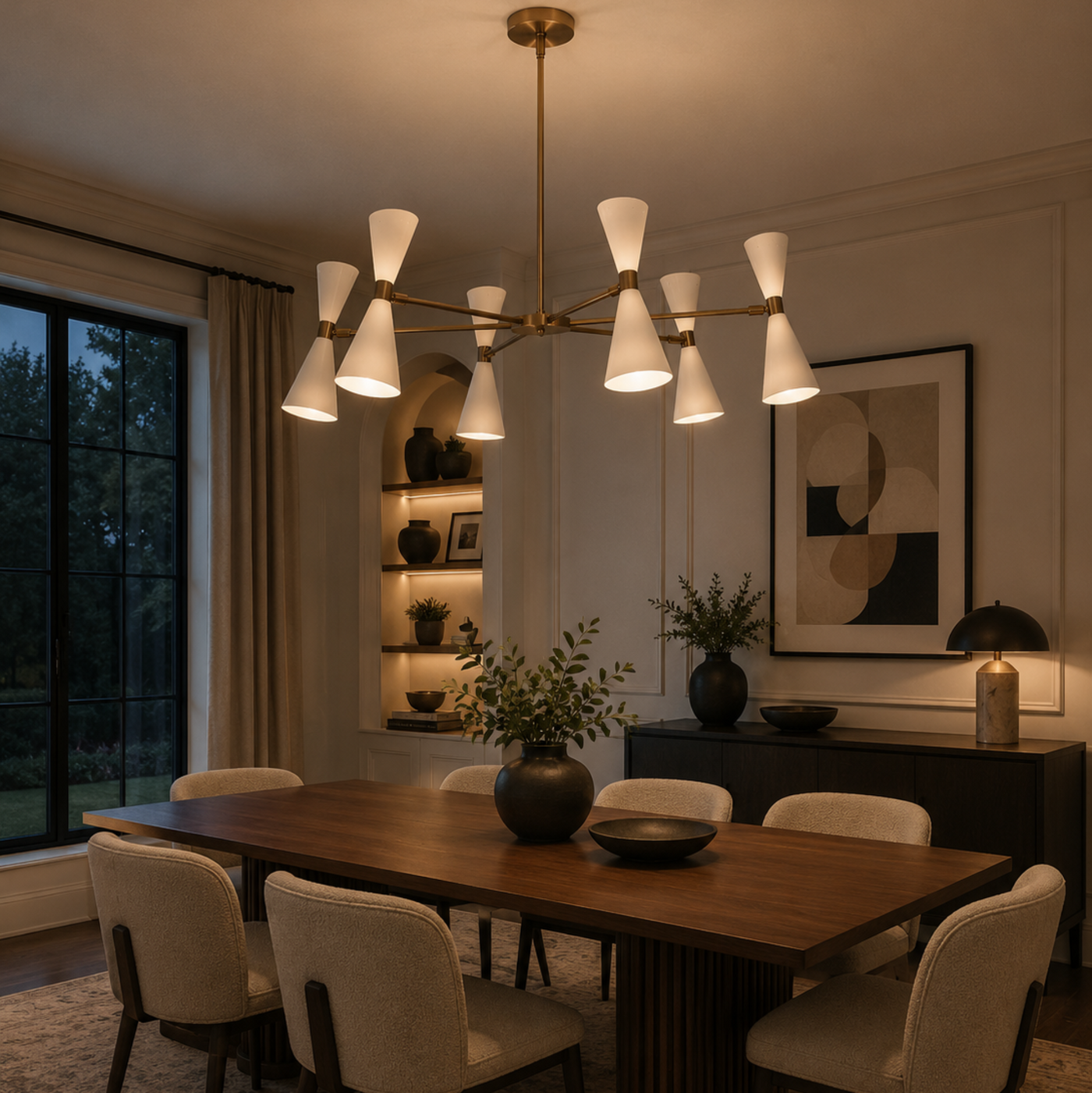Santander 12 light brass and white cone chandelier illuminated above a modern dining table in an elegant dining room.