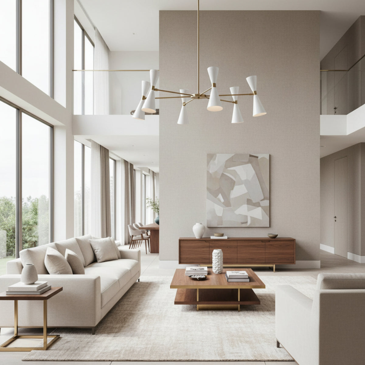 Santander 12 light brass Sputnik chandelier shown from the front with sculptural white double-cone shades.