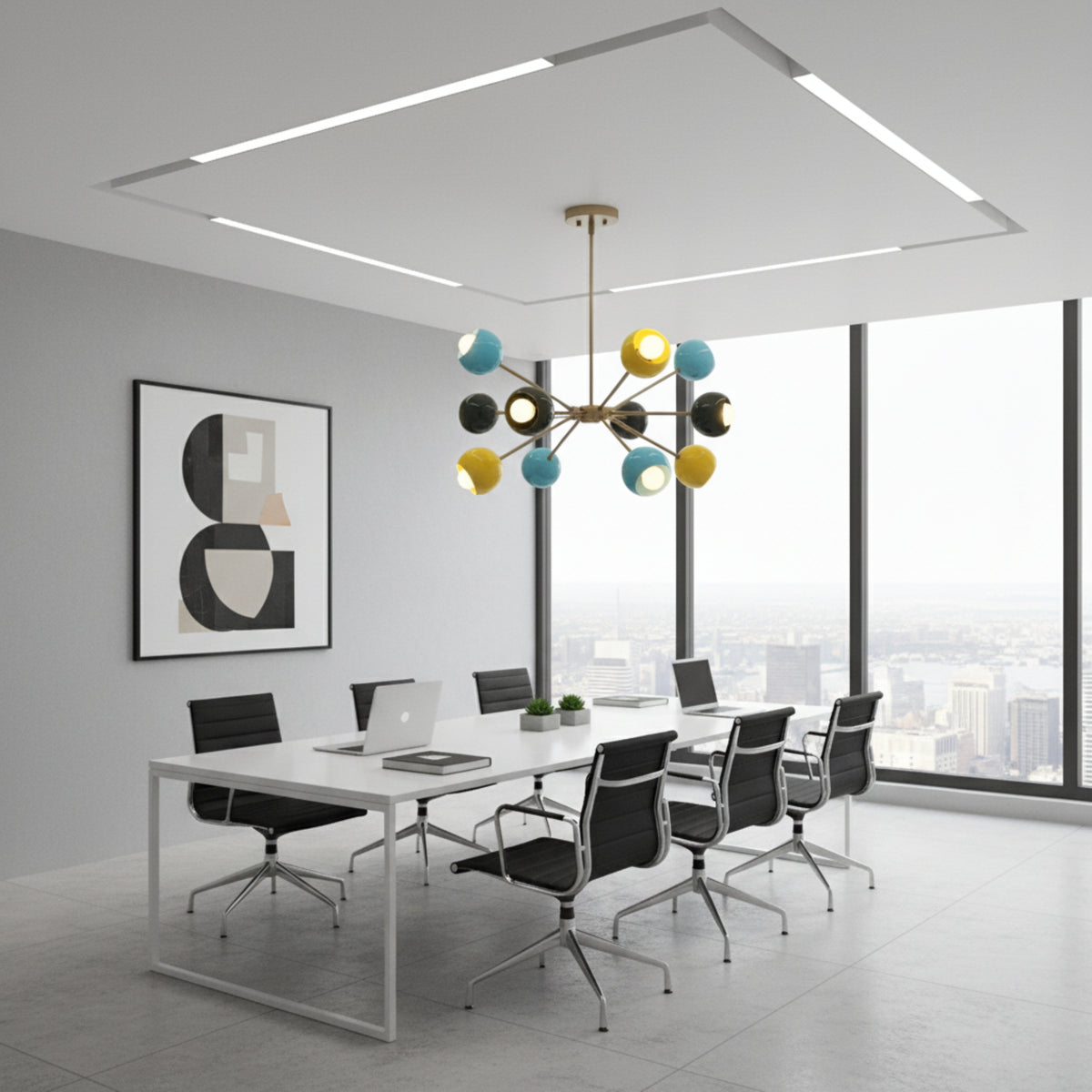 Santorini 12 light brass chandelier shown from an alternate angle highlighting its colorful globe shades and starburst design.