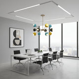 Santorini 12 light brass chandelier shown from an alternate angle highlighting its colorful globe shades and starburst design.