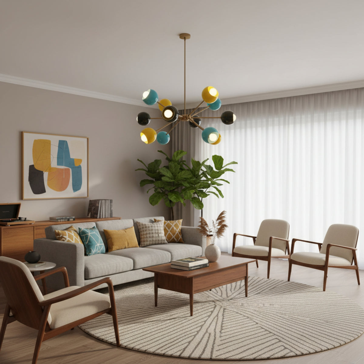 Santorini 12 light brass Sputnik chandelier shown from the front with colorful turquoise, yellow, and black globe shades.
