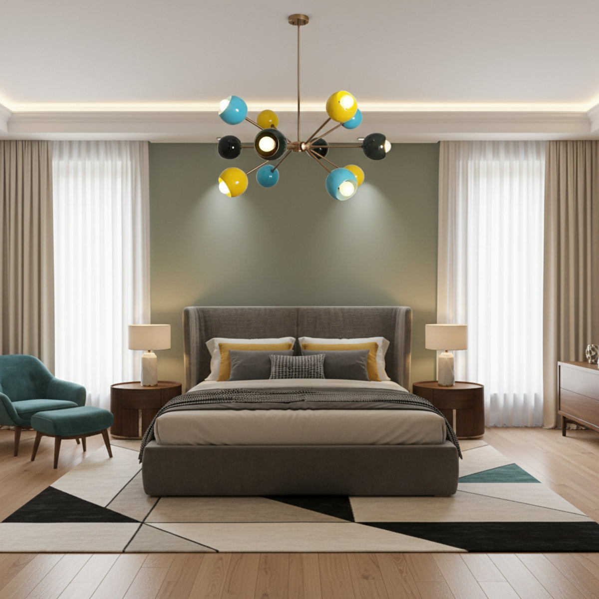 Santorini 12 light colorful globe chandelier shown in a full product view with radiating brass arms and sculptural shades.