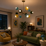 Santorini 12 light colorful globe Sputnik chandelier illuminated in a stylish Mid-Century Modern living room.